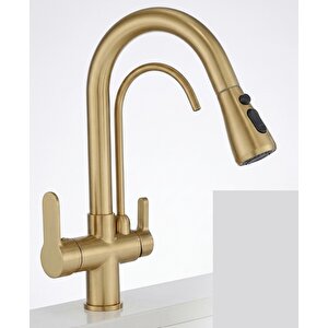 U Arıtmalı Uzayan Spiralli Mutfak Evi̇ye Lavabo Bataryası Full Gold