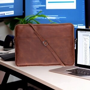 Leeds 16 Inç Macbook Ve Pc Uyumlu, Hakiki Deri, El Yapımı Kılıf, Karamel