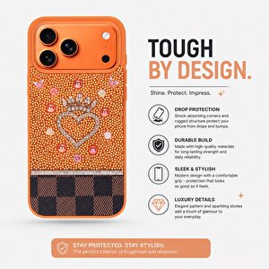 Vissel Iphone 17 Pro Max Uyumlu Taşlı Kalp Detaylı Kılıf – Parlak Taşlı, Darbe Emici Koruma, Şık & Trend Telefon Kılıfı, Turuncu