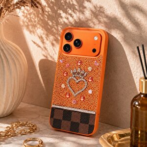 Vissel Iphone 17 Pro Max Uyumlu Taşlı Kalp Detaylı Kılıf – Parlak Taşlı, Darbe Emici Koruma, Şık & Trend Telefon Kılıfı, Turuncu