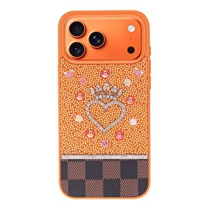 Vissel Iphone 17 Pro Max Uyumlu Taşlı Kalp Detaylı Kılıf – Parlak Taşlı, Darbe Emici Koruma, Şık & Trend Telefon Kılıfı, Turuncu