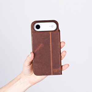 Apple Iphone 17 Air Için, Hakiki Deri, El Yapımı, Cüzdanlı Slim Kılıf, Mag Safe Ile Uyumlu, İç Yüzeyi Kadife, Antik Kahve
