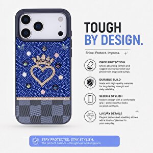 Vissel Iphone 17 Pro Max Uyumlu Taşlı Kalp Detaylı Kılıf – Parlak Taşlı, Darbe Emici Koruma, Şık & Trend Telefon Kılıfı, Mavi