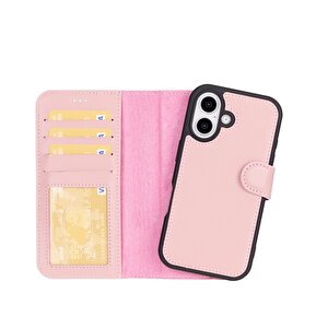 Apple Iphone 16 Uyumlu, Hakiki Deri, El Yapımı, Cüzdanlı Kılıf, Toz Pembe