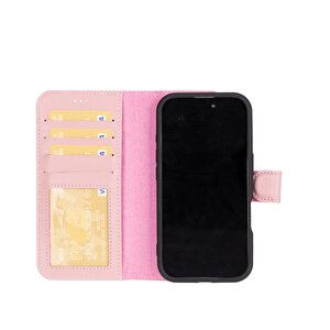 Apple Iphone 16 Uyumlu, Hakiki Deri, El Yapımı, Cüzdanlı Kılıf, Toz Pembe