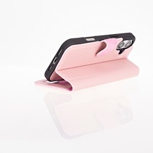 Apple Iphone 16 Uyumlu, Hakiki Deri, El Yapımı, Cüzdanlı Kılıf, Toz Pembe
