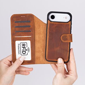 Apple Iphone 17 Air Için, Hakiki Deri, El Yapımı Cüzdanlı Kılıf, Magsafe Ile Uyumlu, İç Yüzeyi Kadife, Karamel