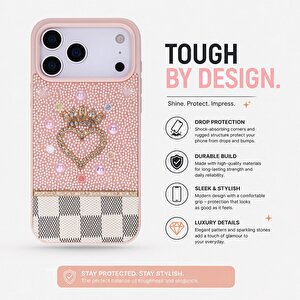 Vissel Iphone 17 Pro Uyumlu Taşlı Kalp Detaylı Kılıf – Parlak Taşlı, Darbe Emici Koruma, Şık & Trend Telefon Kılıfı, Pembe