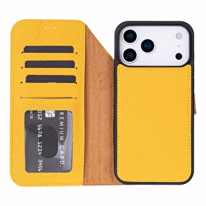 Apple Iphone 17 Pro Max Için, Hakiki Deri, El Yapımı Cüzdanlı Kılıf, Magsafe Ile Uyumlu, İç Yüzeyi Kadife, Limon Sarı