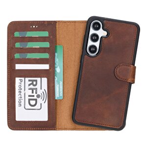 Samsung Galaxy S24 Uyumlu, Deri Cüzdanlı Kılıf, Antik Kahve