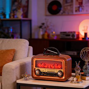 Nostajik Şömine Efektli Ahşap Şarjlı 3 Dalga Radyo Telefon Tutucu,bluetooth,tf Kart-903