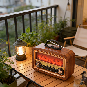 Nostajik Şömine Efektli Ahşap Şarjlı 3 Dalga Radyo Telefon Tutucu,bluetooth,tf Kart-903
