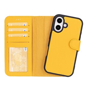 Apple Iphone 16 Plus Uyumlu, Hakiki Deri, El Yapımı, Cüzdanlı Kılıf, Limon Sarı