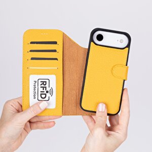 Apple Iphone 17 Air Için, Hakiki Deri, El Yapımı Cüzdanlı Kılıf, Magsafe Ile Uyumlu, İç Yüzeyi Kadife, Limon Sarı