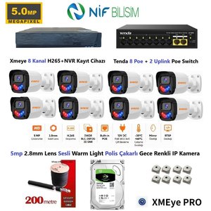 Xmeye 5mp 2.8mm Sabit Lens Polis Çakarlı Sesli Ve Gece Renkli 8 Kameralı Ip Kamera Seti 500gb Disk
