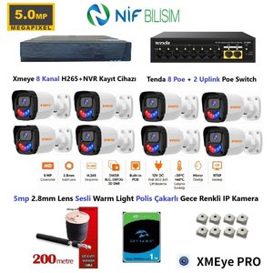 Xmeye 5mp 2.8mm Sabit Lens Polis Çakarlı Sesli Ve Gece Renkli 8 Kameralı Ip Kamera Seti 1tb Disk