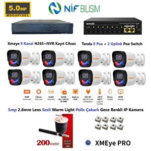 Xmeye 5mp 2.8mm Sabit Lens Polis Çakarlı Sesli Ve Gece Renkli 8 Kameralı Ip Kamera Seti Disk Yoktur