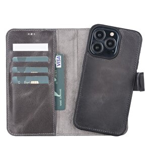 Apple Iphone 13 Pro Uyumlu Deri Cüzdanlı Kılıf Vs4ef Gri