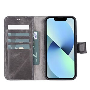 Apple Iphone 13 Pro Uyumlu Deri Cüzdanlı Kılıf Vs4ef Gri