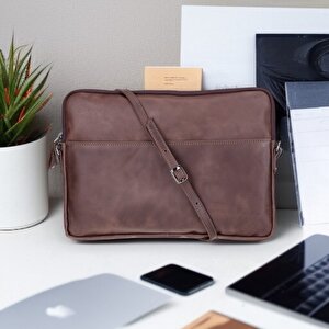Leeds 14 Inç Macbook Ve Pc Uyumlu, Hakiki Deri, El Yapımı Kılıf, Antik Kahve
