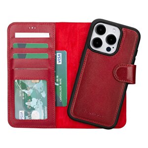 Cüzdan Taşıma Derdi Olmadan – Iphone 16 Pro Uyumlu Hakiki Deri El Yapımı Kart Yuvalı Kılıf (gölgeli Kırmızı)