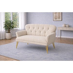 Pufy Kollu İki̇li̇ Koltuk, Krem, Metal Gold Ayak