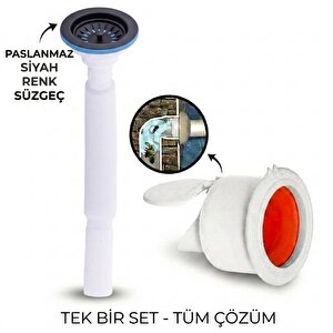 Siyah Çöpmak Körüklü Büyük Kafalı Tırnaklı Mutfak Evye Lavabo Gider Si̇fonu (üstü Paslanmaz Altı Plastik) + Çekvalfli Conta Kötü Koku Böcek Kirli Su Önleyici Lavabo Gider Aparatı