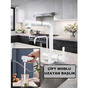 Beyaz Aritmali Spi̇ralli̇ 2 Modlu Başlik L Boru Mutfak Evye Bataryasi Pri̇nç Armatür Musluk