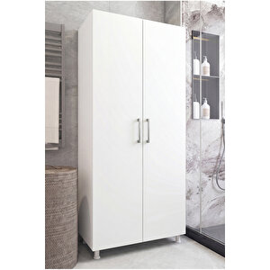 Banyo Dolabı Süpürgelik Kova Deterjan Saklama 2 Kapaklı Çok Raflı Beyaz Krom 85x174 Cm