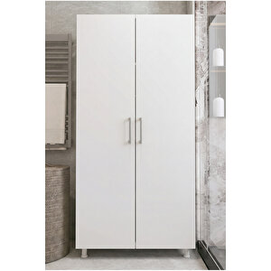 Banyo Dolabı Süpürgelik Kova Deterjan Saklama 2 Kapaklı Çok Raflı Beyaz Krom 85x174 Cm