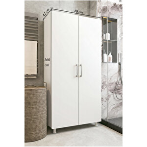 Banyo Dolabı 2 Kapaklı Süpürge Paspas Kova Deterjan Raflı Kiler Dolabı Beyaz 80 Cm