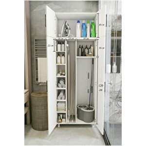Büyük Boy Banyo Dolabı 4 Kapaklı Süpürgelik Kova Paspas Beyaz 80x205 Cm
