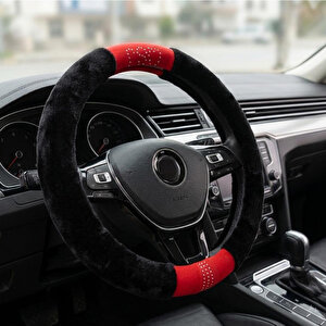 Universal Peluş Direksiyon Kılıfı Kırmızı Siyah Taş Detaylı Kaymaz Yumuşak 37-38 Cm