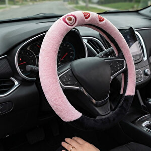 Universal Peluş Direksiyon Kılıfı Ayıcıklı Pembe Siyah Kaymaz Yumuşak 37-38 Cm