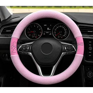 Universal Peluş Direksiyon Kılıfı Pembe Taş Detaylı Kaymaz Yumuşak 37-38 Cm