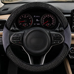 Universal Taşlı Peluş Direksiyon Kılıfı Gri Siyah Kaymaz 37-38 Cm