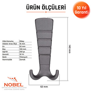 Mina Lüks Portmanto Askı, Metal, Vestiyer Askı, 202 Gr, Dolap Askılık, Duvar Askılığı, Titanyum (vidalı)5 Adet