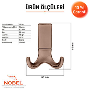 Best Lüks Askı, Metal, Vestiyer Askı, 121 Gr, Dolap Askılık, Duvar Askılığı, Bronz (vidalı)
