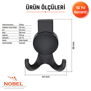 Solo Lüks Askı, Metal, Vestiyer Askı, 170 Gr, Dolap Askılık, Duvar Askılığı, Mat Siyah (vidalı)5 Adet