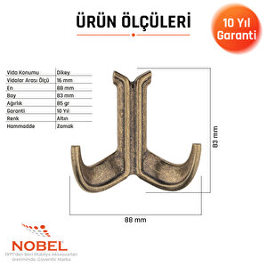 Marmaris Lüks Askı, Metal, Vestiyer Askı, 85 Gr, Dolap Askılık, Duvar Askılığı, Antik Sarı (vidalı)