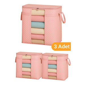 3 Adet - Pencereli Saklama Çantası 50 X 45 X 30 Cm - Pembe Benekli