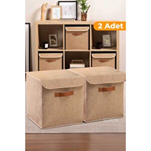 2 Adet - Dolap İçi Çamaşır Oyuncak Düzenleyici Katlanır Kapaklı Saklama Kutusu 30x30x30cm - Jüt
