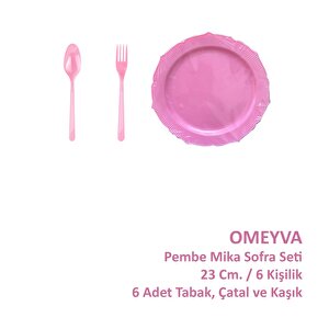 Omeyva 23 Cm. Plastik Mika Pembe Sorfa Piknik Seti - 6 Kişilik Tabak Çatal Kaşık Takımı