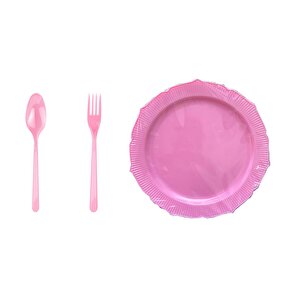 Omeyva 23 Cm. Plastik Mika Pembe Sorfa Piknik Seti - 12 Kişilik Tabak Çatal Kaşık Takımı