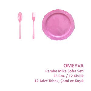 Omeyva 23 Cm. Plastik Mika Pembe Sorfa Piknik Seti - 12 Kişilik Tabak Çatal Kaşık Takımı