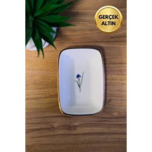 Tabak Evi Porselen Natura İris Altın Yaldızlı Dikdörtgen Kayık Tabak 10x7x2cm Tekli