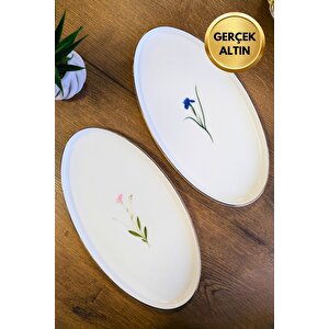 Tabak Evi Porselen Natura Karma Altın Yaldızlı Dik Yanaklı Kayık 32,50x17x2,50cm 2 Parça