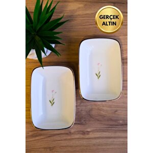 Tabak Evi Porselen Natura Çuha Altın Yaldızlı Dikdörtgen Kayık Tabak 12x8,50cm 2 Li