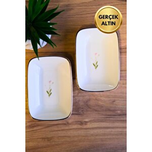 Tabak Evi Porselen Natura Çuha Altın Yaldızlı Dikdörtgen Kayık Tabak 14x9,8cm 2 Li