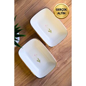Tabak Evi Porselen Natura Çuha Altın Yaldızlı Dikdörtgen Kayık Tabak 14x9,8cm 2 Li